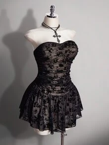 SHEIN ICON 大尺碼復古性感千禧風Y2K都市現代約會街頭時尚個性黑色網紗植絨膚色內裡抹胸洋裝冬季款 - 黑色 - 查看 5