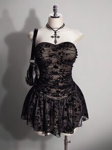 SHEIN ICON 大尺碼復古性感千禧風Y2K都市現代約會街頭時尚個性黑色網紗植絨膚色內裡抹胸洋裝冬季款 - 黑色 - 查看 4