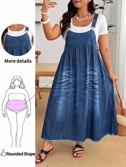 Enliva Plus Size Allover White Navy Blue Print Pinafore Dress, Sleeveless Square Neck Loose Fit Maxi Dress Vacation Wedding Summer Casual Soft Form Smart