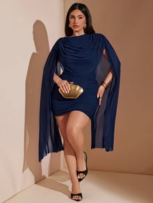 SHEIN BAE Plus Size Women's Pink Asymmetrical Hem Mini Dress, Black Dress - Navy Blue - View 3