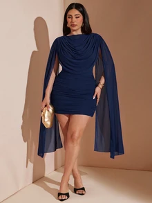 SHEIN BAE Plus Size Women's Pink Asymmetrical Hem Mini Dress, Black Dress - Navy Blue - View 5