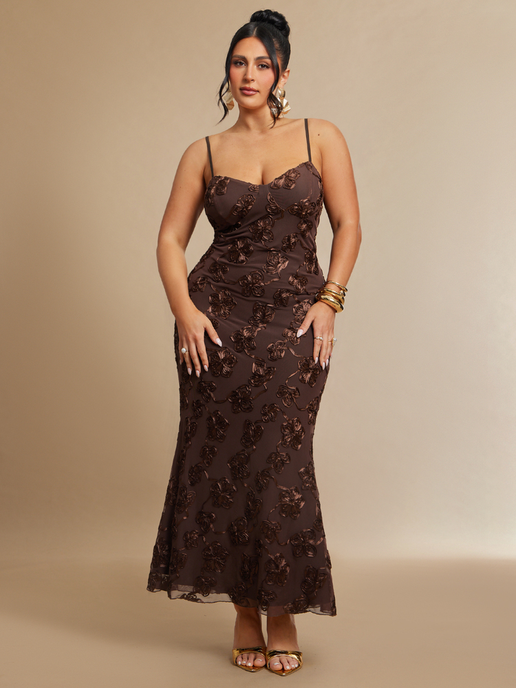 SHEIN BAE CURVE Plus Size Women Chocolate Brown Polka Summer Elegant Formal Evening Embroidered Mesh Vintage Dress Wedding Guest Cocktail Birthday Party Outfit - Burgundy - View 5