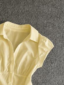 IslaSuriya Women's Single-Breasted Puff Sleeve Short Sleeve Solid Color Patchwork Shirt - Light Yellow - View 4