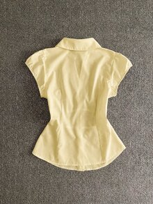 IslaSuriya Women's Single-Breasted Puff Sleeve Short Sleeve Solid Color Patchwork Shirt - Light Yellow - View 2
