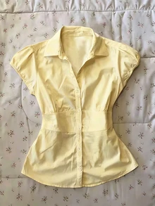 IslaSuriya Women's Single-Breasted Puff Sleeve Short Sleeve Solid Color Patchwork Shirt - Light Yellow - View 1