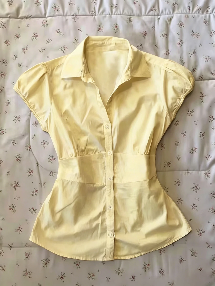 IslaSuriya Women's Single-Breasted Puff Sleeve Short Sleeve Solid Color Patchwork Shirt - Light Yellow - View 1