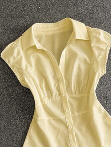 IslaSuriya Women's Single-Breasted Puff Sleeve Short Sleeve Solid Color Patchwork Shirt - Light Yellow - View 5