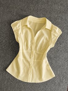 IslaSuriya Women's Single-Breasted Puff Sleeve Short Sleeve Solid Color Patchwork Shirt - Light Yellow - View 3