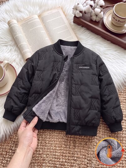 SHEIN 1pc Young Boy Fashion Casual Versatile Black Padded Gray Fleece Diamond Grid 3-In-1 Fabric, Front Letter Patch Decor Long Sleeve Jacket, Ribbed Collar Hem And Cuffs, Simple Fashion Personalized Versatile, Showcasing Boy's Personalized Charm, Suitable For 4-7 Years Old Kids Daily Autumn/Winter Casual Wear And Back To School Season