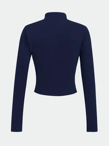SHEIN Tween Girls Knit Black Stand Collar Long Sleeve Open Front Autumn Jacket - Blue - View 8