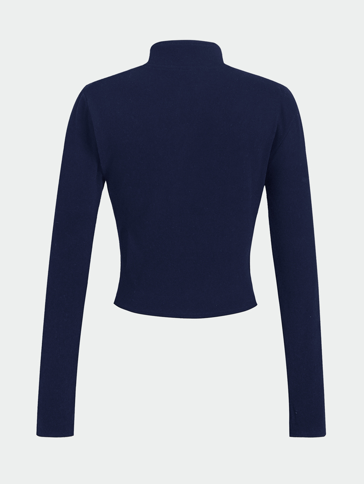 SHEIN Áo khoác thu len dệt kim màu đen cổ đứng tay dài vạt mở cho bé gái tuổi teen - Màu xanh lam - Xem 8