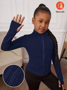 SHEIN Tween Girls Knit Black Stand Collar Long Sleeve Open Front Autumn Jacket - Blue - View 1