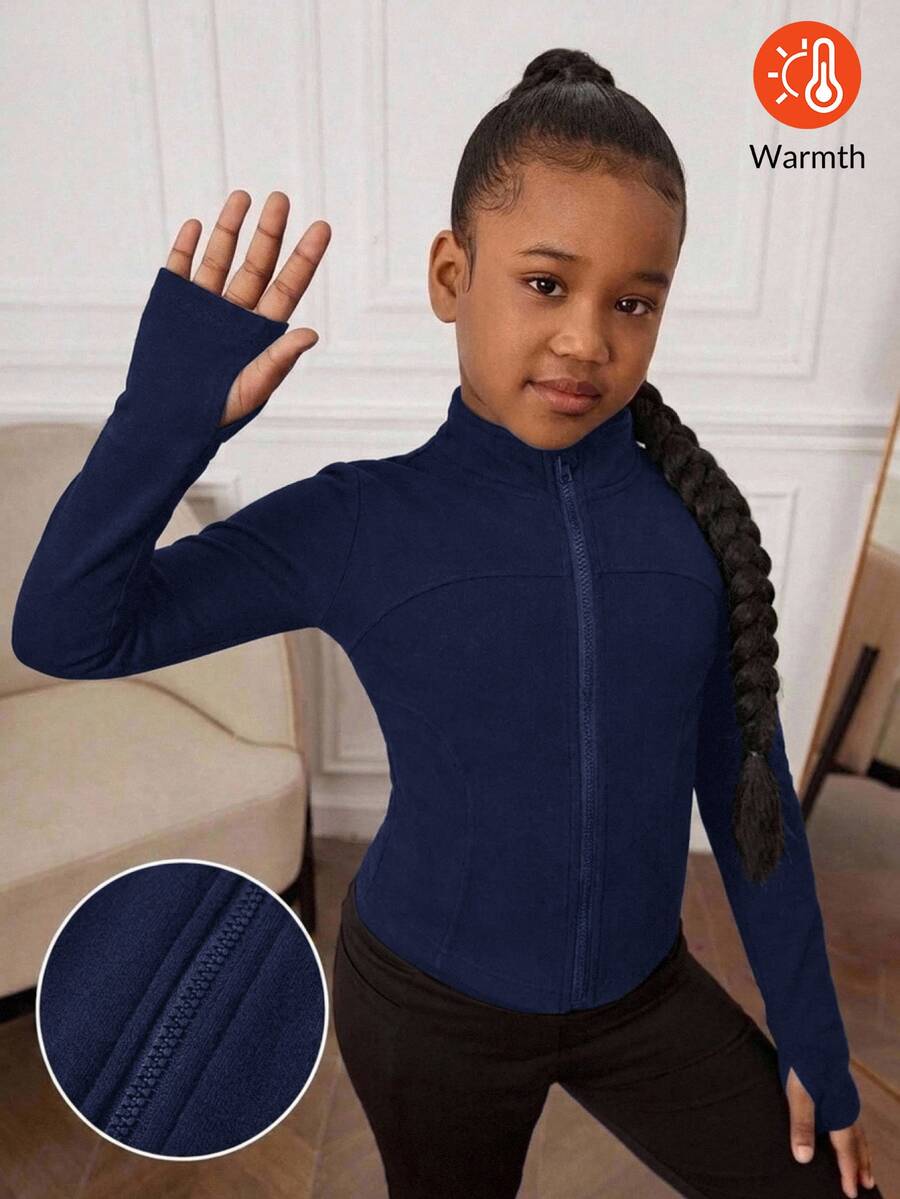SHEIN Tween Girls Knit Black Stand Collar Long Sleeve Open Front Autumn Jacket - Blue - View 1