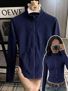 SHEIN Tween Girls Knit Black Stand Collar Long Sleeve Open Front Autumn Jacket - Blue - View 3