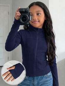 SHEIN Tween Girls Knit Black Stand Collar Long Sleeve Open Front Autumn Jacket - Blue - View 2