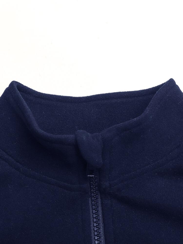 SHEIN Áo khoác thu len dệt kim màu đen cổ đứng tay dài vạt mở cho bé gái tuổi teen - Màu xanh lam - Xem 4