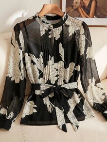 SHEIN Clasi Plus Size Vintage Fashion Floral Print Pleated Long Sleeve Blouse - Black - View 3