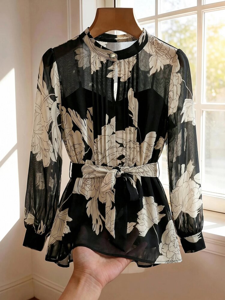 SHEIN Clasi Plus Size Vintage Fashion Floral Print Pleated Long Sleeve Blouse - Black - View 5