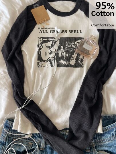 Attitoon Camiseta de manga larga ajustada con mangas raglán de estilo vintage casual para mujer, atuendo Y2K, vintage, streetwear, adecuado para el desplazamiento diario, citas, reuniones, otoño/invierno, verano, fiestas, bodas, playa, ceremonia de graduación, elegante, casual, salidas, Y2K, atuendo para festival de música, ropa de otoño/invierno para mujer, atuendo de vuelta a la escuela