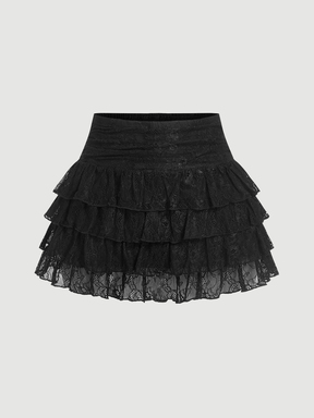 SHEIN MOD Fustă mini neagră din dantelă pentru femei, cu voluri la orlat, ținută sexy pentru club și vacanță, pentru Ziua Îndrăgostiților