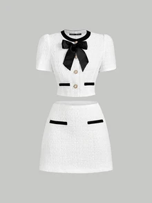 SHEIN MOD Women's Retro Elegant Tweed Color Block Bow Tie Neck Short Sleeve Top And Mini Skirt 2Pcs Set - White - View 1