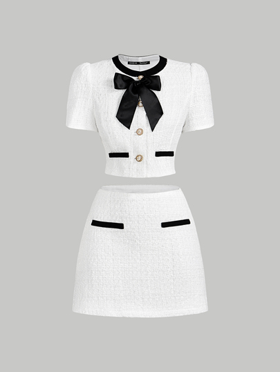 SHEIN MOD Women's Retro Elegant Tweed Color Block Bow Tie Neck Short Sleeve Top And Mini Skirt 2Pcs Set