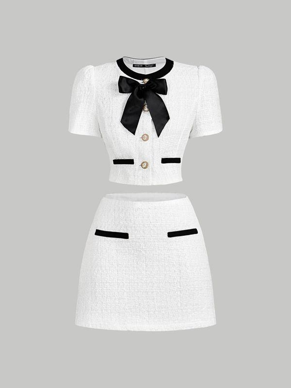 SHEIN MOD Women's Retro Elegant Tweed Color Block Bow Tie Neck Short Sleeve Top And Mini Skirt 2Pcs Set