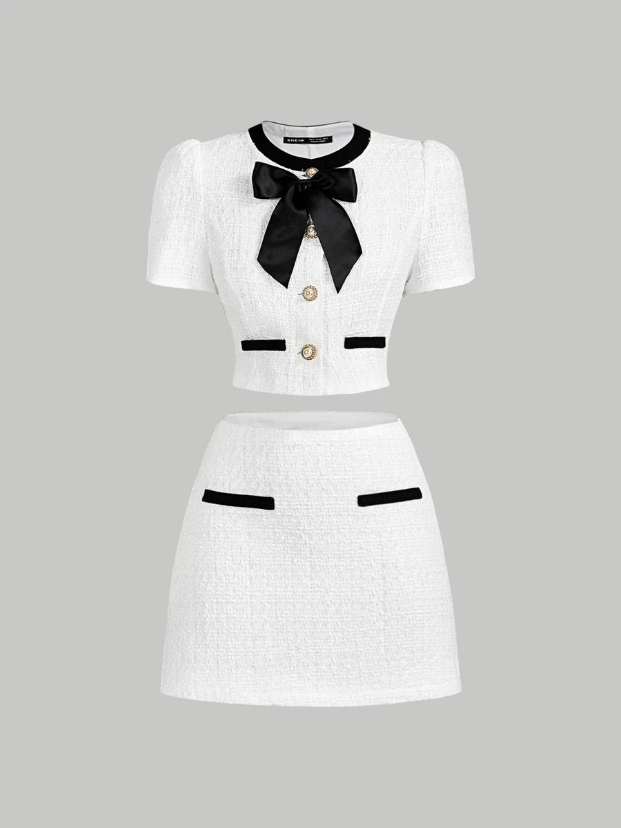 SHEIN MOD Women's Retro Elegant Tweed Color Block Bow Tie Neck Short Sleeve Top And Mini Skirt 2Pcs Set - White - View 1