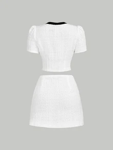 SHEIN MOD Women's Retro Elegant Tweed Color Block Bow Tie Neck Short Sleeve Top And Mini Skirt 2Pcs Set - White - View 2