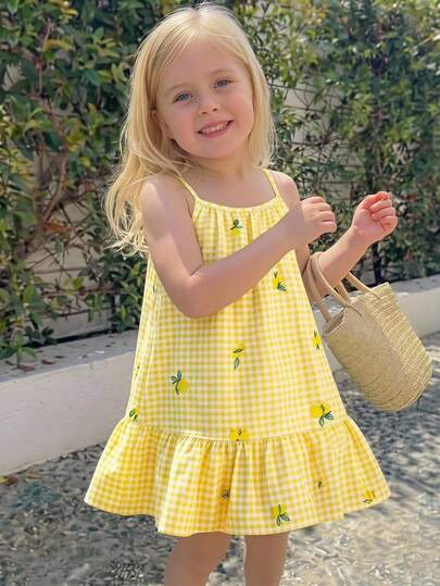 SHEIN Elladie kids Young Girl'white Lemon Plaid Ruffle Hem Strap Dress,Toddler Summer Bride Gingham Print Woven Fabric Cowgirl Birthday Outing Party Clothes