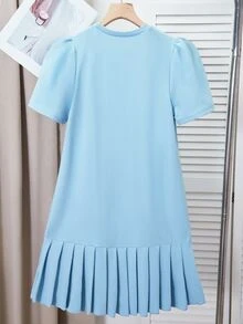 SHEIN 青少女可愛泡泡袖百褶迷你洋裝，蝴蝶結裝飾，派對 Sweet 16 生日、春夏度假、優雅畢業穿搭，藍綠色 - 藍色 - 查看 2