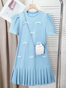 SHEIN 青少女可愛泡泡袖百褶迷你洋裝，蝴蝶結裝飾，派對 Sweet 16 生日、春夏度假、優雅畢業穿搭，藍綠色 - 藍色 - 查看 3