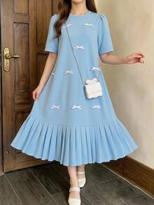 SHEIN 青少女可愛泡泡袖百褶迷你洋裝，蝴蝶結裝飾，派對 Sweet 16 生日、春夏度假、優雅畢業穿搭，藍綠色 - 藍色 - 查看 1
