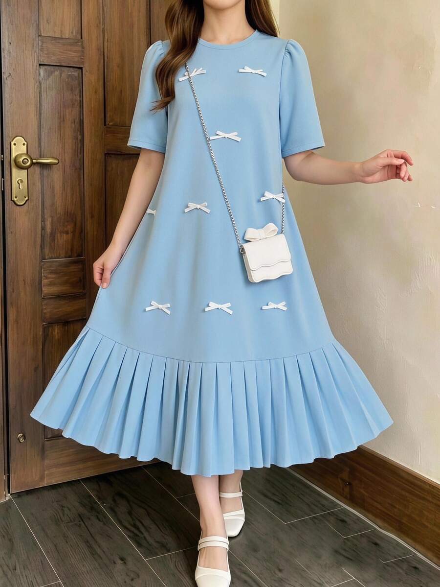 SHEIN 青少女可愛泡泡袖百褶迷你洋裝,蝴蝶結裝飾,派對 Sweet 16 生日、春夏度假、優雅畢業穿搭,藍綠色 - 藍色 - 查看 1