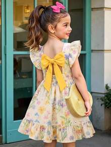 SHEIN Elladie kids 女童優雅仙女風花卉印花洋裝，蝴蝶夏季度假假日風，荷葉袖鏤空露背蝴蝶結荷葉邊校服裙 - 黃色 - 查看 1