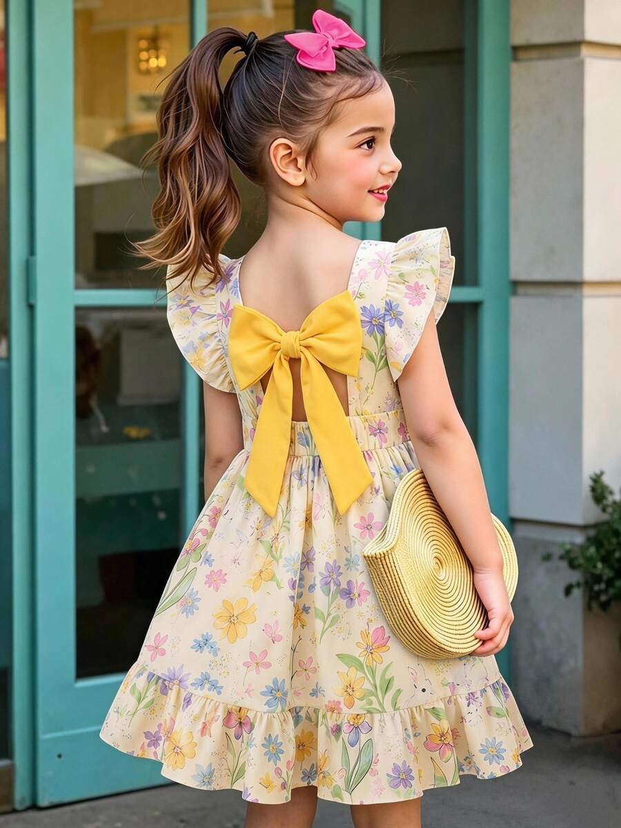 SHEIN Elladie kids 女童優雅仙女風花卉印花洋裝,蝴蝶夏季度假假日風,荷葉袖鏤空露背蝴蝶結荷葉邊校服裙 - 黃色 - 查看 1