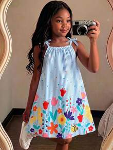 Young Girls Floral Print Hem Casual, Vacation Spaghetti Strap A-Line Dress Blue Summer - Blue - View 1