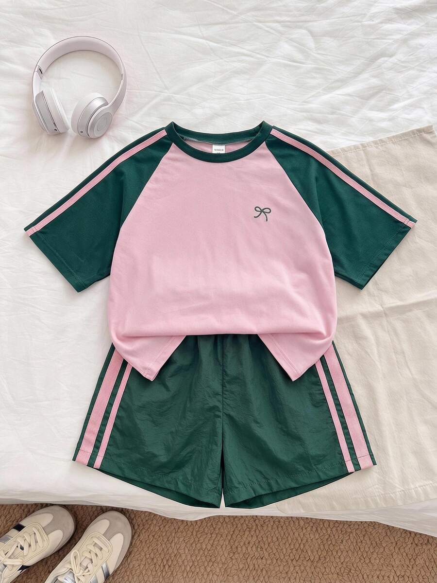 Sparklyn Tween Girls 2pcs/Set Round Neck Colorblock Short Sleeve T-Shirt And Shorts Mini Set, Loose Fit Lightweight Fabric, Outfit Holiday Gym Pink Lime Green - Pink - View 1