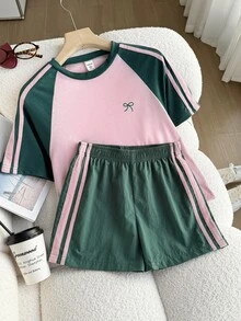Sparklyn Tween Girls 2pcs/Set Round Neck Colorblock Short Sleeve T-Shirt And Shorts Mini Set, Loose Fit Lightweight Fabric, Outfit Holiday Gym Pink Lime Green - Pink - View 3