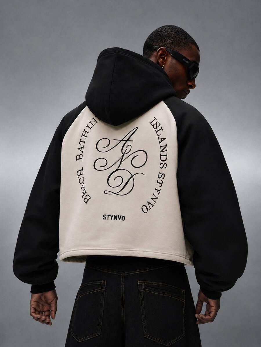 STYNVO Men's Colorblock Patchwork Letter Print Hoodie - Black and White - View 1