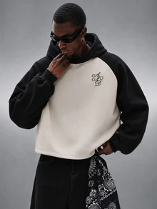 STYNVO Men's Colorblock Patchwork Letter Print Hoodie - Black and White - View 2