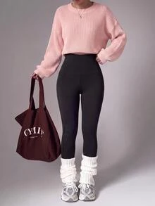 Teen Girls Solid Color Casual Slouchy Pullover Sweater Girl Round Neck Autumn/Winter New Loose Versatile Knit Crop Top - Pink - View 8