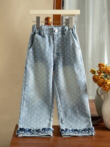 SHEIN 女童嬰兒藍波點寬腿牛仔褲 寬鬆直筒 100%棉丹寧 修身休閒 牛仔風 度假風 秋季 親子款 - 藍色 - 查看 3