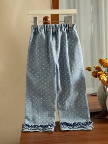 SHEIN 女童嬰兒藍波點寬腿牛仔褲 寬鬆直筒 100%棉丹寧 修身休閒 牛仔風 度假風 秋季 親子款 - 藍色 - 查看 7