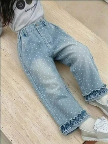SHEIN 女童嬰兒藍波點寬腿牛仔褲 寬鬆直筒 100%棉丹寧 修身休閒 牛仔風 度假風 秋季 親子款 - 藍色 - 查看 2