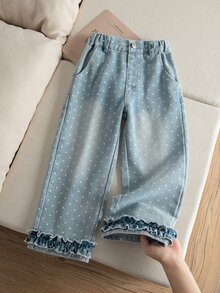SHEIN 女童嬰兒藍波點寬腿牛仔褲 寬鬆直筒 100%棉丹寧 修身休閒 牛仔風 度假風 秋季 親子款 - 藍色 - 查看 4