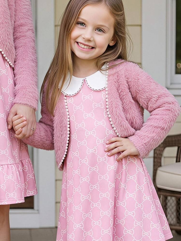 PrepCrw 1 Pc Young Girl Young Girls Elegant Academy Casual Exquisite Comfortable All-Match Versatile White Pearl Trim Decorated Pink Plush Open Front Long Sleeve Jacket, Suitable For Back To School, Outings, Casual Activities, Gatherings, Autumn, Winter - Coral Pink - View 1