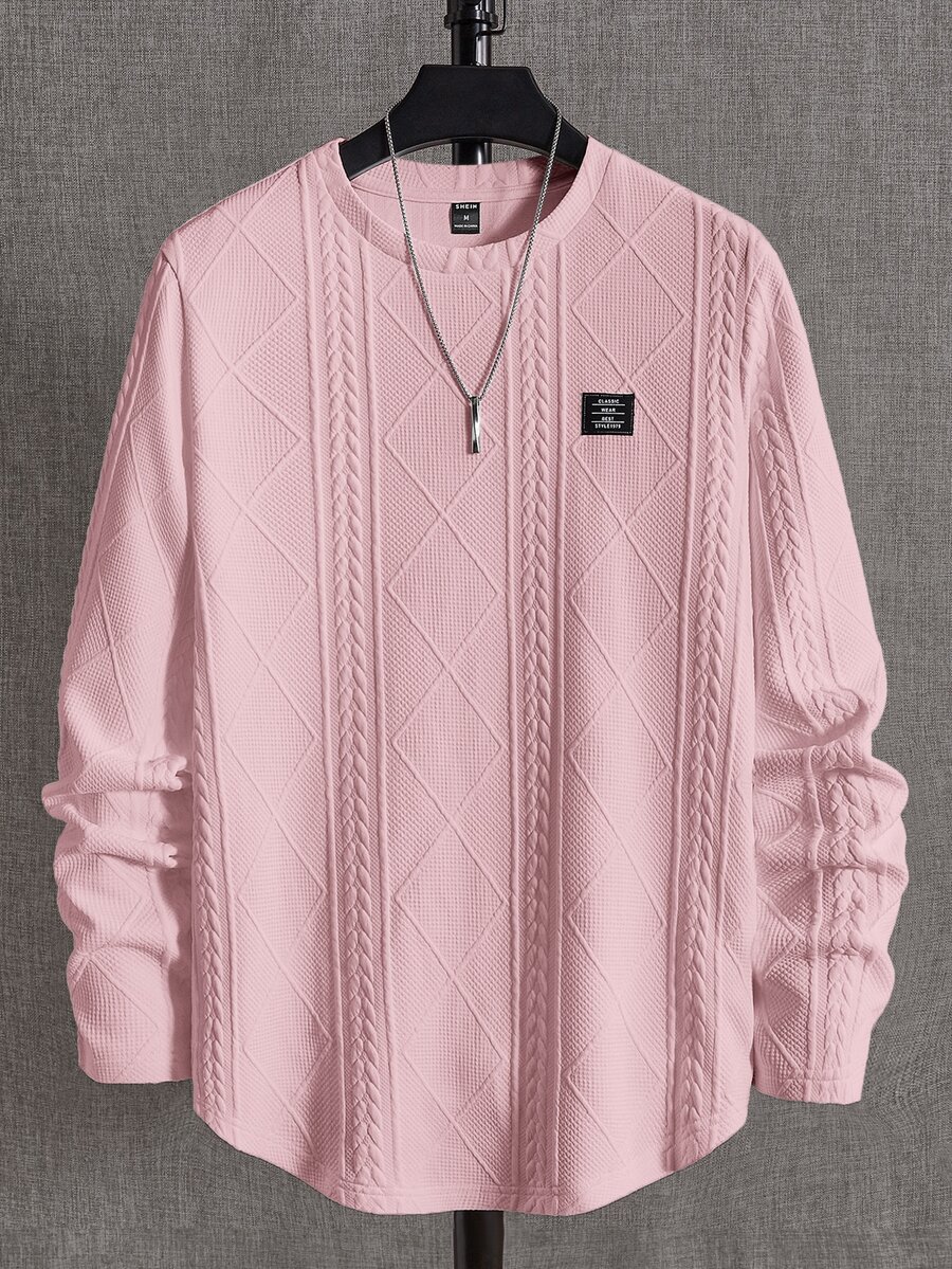 Manfinity RebelGame Men's Texture Knit Casual Long Sleeve T-Shirt, Summer, Fall, 2000s Style, Couple Things, Vacation, Father's Day Gifts, Football - Pink - View 1