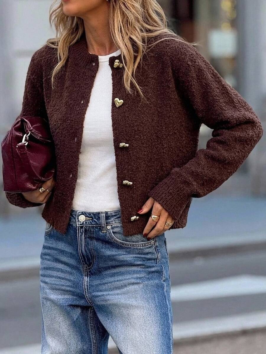 SHEIN Clasi Casual French Elegant Solid Color Short Hollow-Out Knit Cardigan In Autumn/ Teachers' Day Brunch Office Dark Brown And Brunch Office Brown And Gold - Brown - View 1