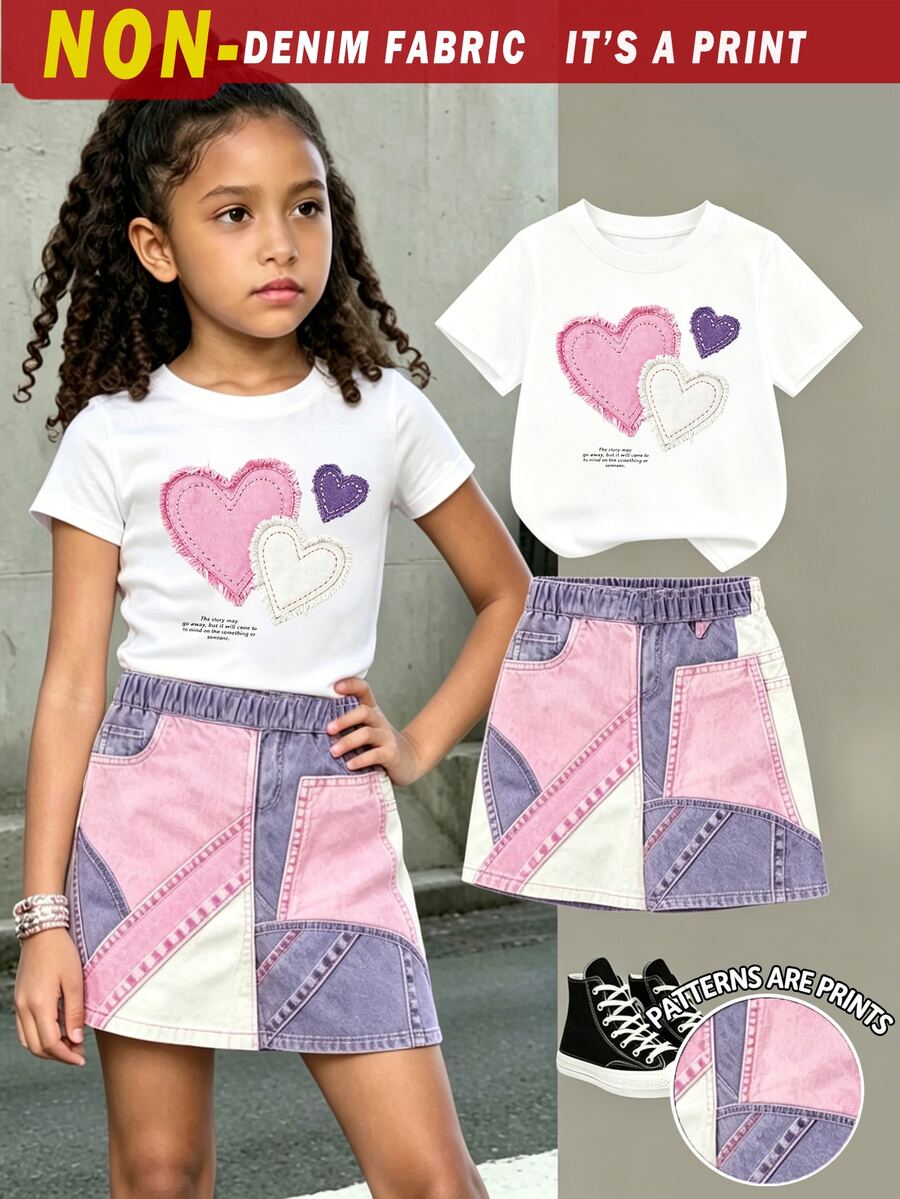 Young Girl 2pcs Set Casual Fashion Spring/Summer Girls Short Sleeve Dress Outfit, Sweet Cool Pink Patchwork Heart Pattern, Short Sleeve Round Neck T-Shirt Design And Patchwork Pink Cargo Skirt, Summer Must-Wear Choice, Easy Comfortable, Fashionable Girl Outfit, Spring/Summer Set - Multicolor - View 1